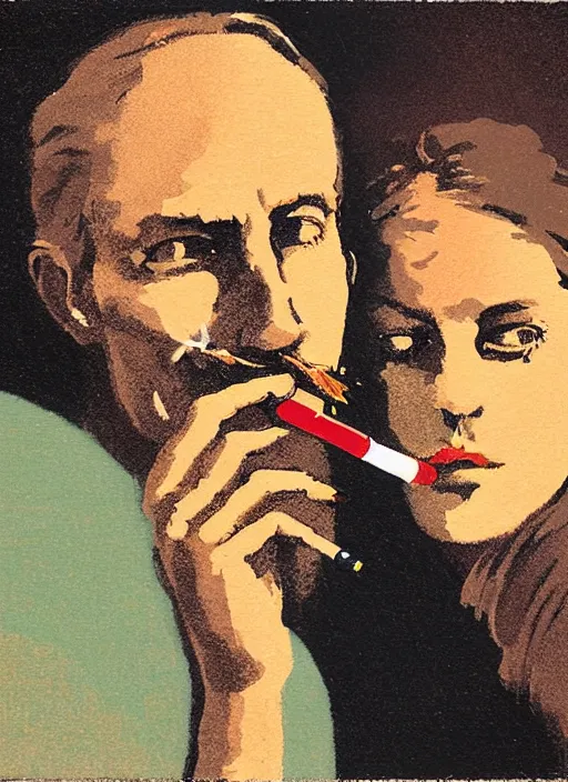 Image similar to an extreme close - up portrait of a couple smoking a cigarette in a scenic representation of mother nature and the meaning of life by billy childish, thick visible brush strokes, shadowy landscape painting in the background by beal gifford, vintage postcard illustration, minimalist cover art by mitchell hooks