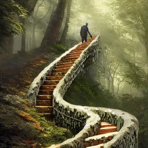 Image similar to a man, walking up a steep and winding staircase. in woods. intricate, elegant, highly detailed, digital painting, artstation, concept art, sharp focus, illustration, by justin gerard and artgerm, 8 k