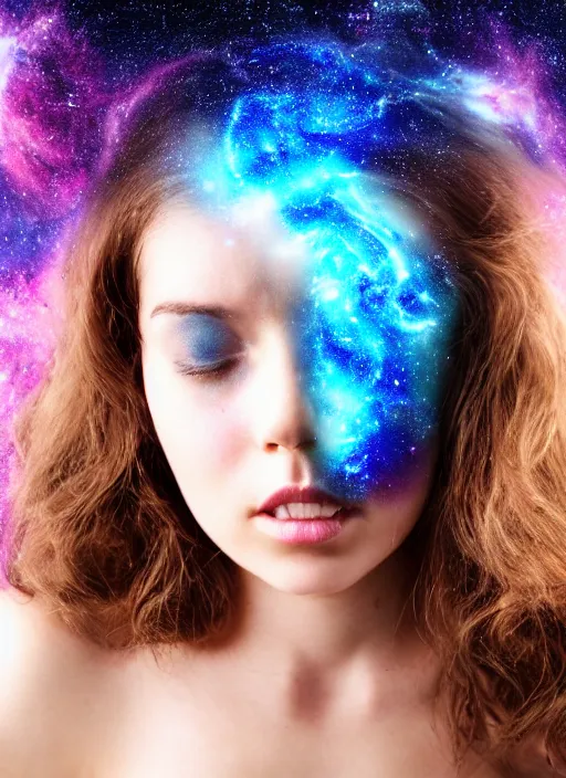 Image similar to Portrait shot of a beautiful girl with a nebula representing neurology beautifully emulating from her head