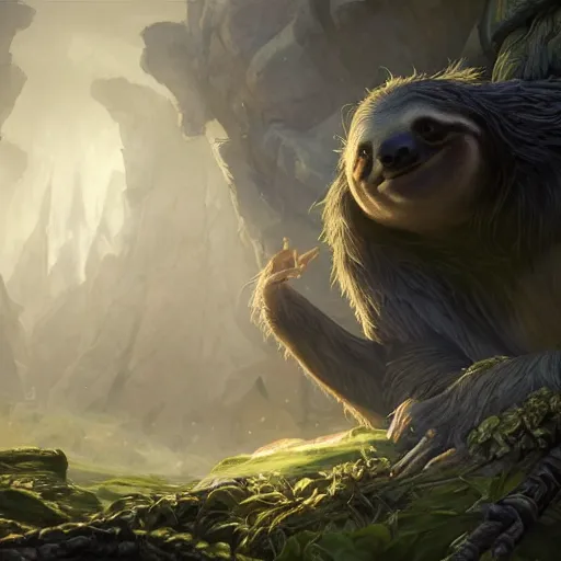 Image similar to Sloth, Anthropomorphized, casting epic spell, magic the gathering artwork, D&D, fantasy, cinematic lighting, centered, symmetrical, highly detailed, digital painting, artstation, concept art, smooth, sharp focus, illustration, volumetric lighting, epic Composition, 8k, art by Akihiko Yoshida and Greg Rutkowski and Craig Mullins, heroic pose, oil painting, cgsociety, magic lab background