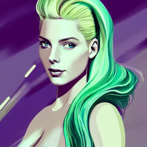 Image similar to A combination of Grace Kelly's and Katheryn Winnick's and Ashley Greene's faces with light green hair as a mermaid on the beach, cyberpunk style, synthwave aesthetic, fantasy, intricate, elegant, highly detailed, digital painting, artstation, concept art, matte, sharp focus, illustration, half body portrait, anime style, blue tint, art by Artgerm and Greg Rutkowski and Alphonse Mucha