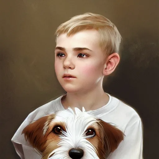 Prompt: a cute seven year old boy with short straight blonde hair with a very cute wire haired jack russell terrier puppy, white with brown patches over both eyes. detailed, high quality painting by artgerm and greg rutkowski and alphonse mucha