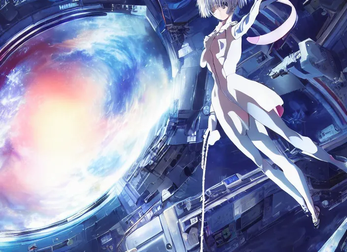 Image similar to This is a digital art piece by Yoshiyuki Sadamoto that is trending on artstation. It is a 8K UHD image of Rei Ayanami, a female anime character, inside a space station with technological rings. She is shot from the ground by Yoshiyuki Sadamoto. The environment is a concept design and the art is hyper realistic with intricate details.