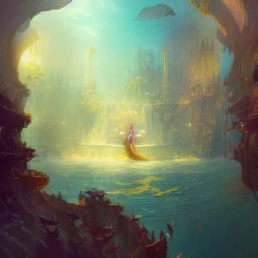 Image similar to a beautiful stunning interesting fantasy digital matte illustration by Grzegorz greg rutkowski and Marc Simonetti and James Jean, of an Atlantis atlantian market with mermaids underwater, yellow and gold color palette, trending on artstation hq