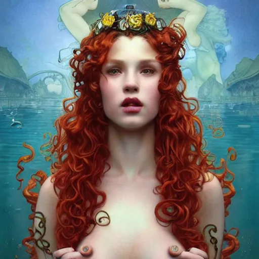 Image similar to Piranha Plantette Super Crown Girl with red curly hair drawn by Donato Giancola and Tom Bagshaw, face by Artgerm, overall design by Alphonse Mucha, background by James Jean and Gustav Klimt, light by Julie Bell, 4k, porcelain skin, komorebi, french nouveau, trending on artstation, octane render, hyperrealistic