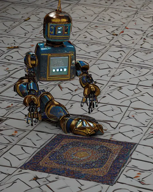 Prompt: a robot praying in the mosque, realistic and detailed, 8 k