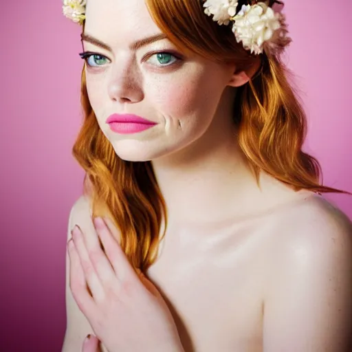 Image similar to emma stone with jewellary and flower crown, sensual, beautiful soft light failling on her face, studio photography, nikon 3 5 mm portrait photography, ultra realistic