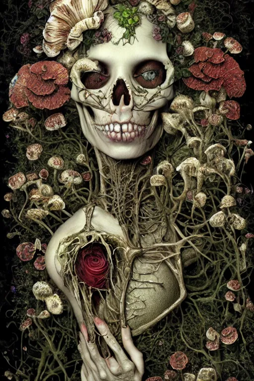 Image similar to beautiful and detailed rotten woman corpse becoming almost a skull with face muscles, veins, arteries, fractal plants and fractal flowers and mushrooms growing around, intricate, ornate, surreal, ray caesar, john constable, guy denning, dan hillier