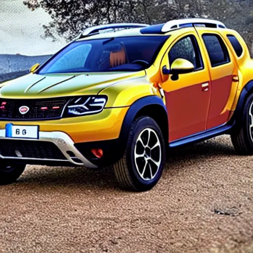 Prompt: A crossover between a Bugatti and a Dacia Duster