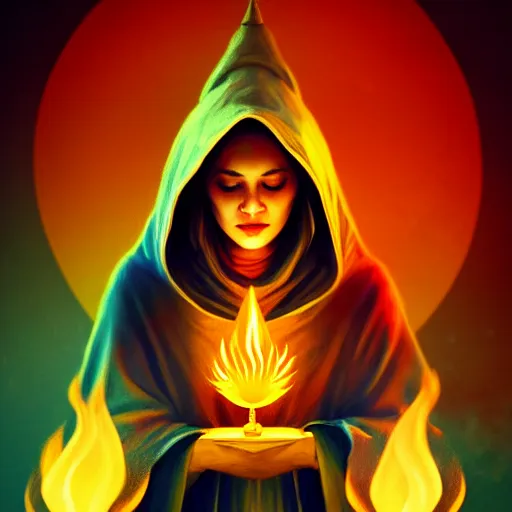 Prompt: ( a priestess with a hood that covers half her face carries an incense burner that emits a pleasantly colored flame. ) by anato finnstark, photorealistic, fullbody portrait, dynamic lighting, beautiful, trending on artstation, wallpaper, 4 k, award winning, digital art, golden huese