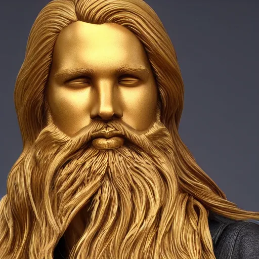 Prompt: a flawless, purely golden man with long hair, with trimmed beard, completely expressionless, casting golden light. entirely golden statue, extremely detailed, full-body statue, award-winning art, trending on Artstation