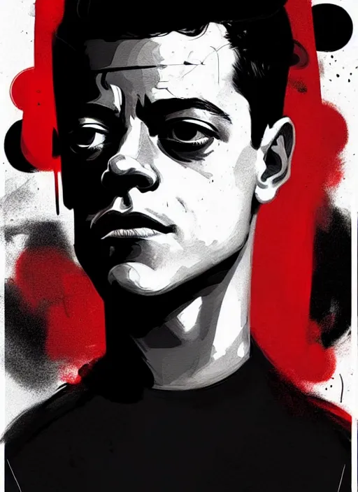 Image similar to highly detailed moody portrait of rami malek, elliot anderson, black hoody by atey ghailan, by greg rutkowski, by greg tocchini, by james gilleard, by joe fenton, by kaethe butcher, gradient red, black and white color scheme, grunge aesthetic!!! ( ( graffiti tag wall background ) )