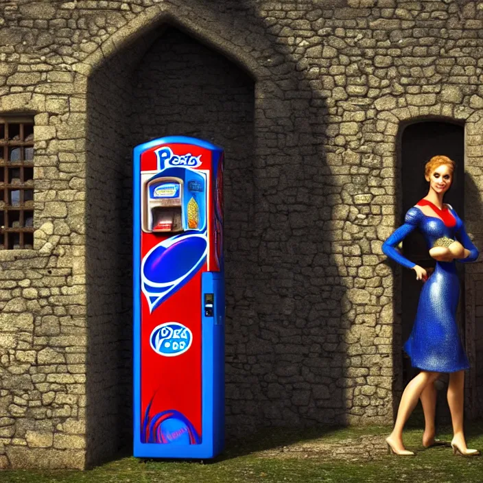 Image similar to pepsi vending machine outside a medieval house in a fantasy village. a woman is standing next to the vending machine. extremely high details, realistic, fantasy art, cinematic, octane render, masterpiece, artstation contest winner, art by johannen voss, frank frazetta