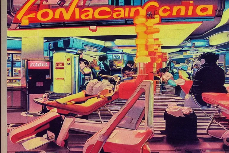 Image similar to 1 9 7 9 omni magazine cover depicting a surgical suite inside of a mcdonald's in neo - tokyo. in the style of bladerunner concept art by syd mead