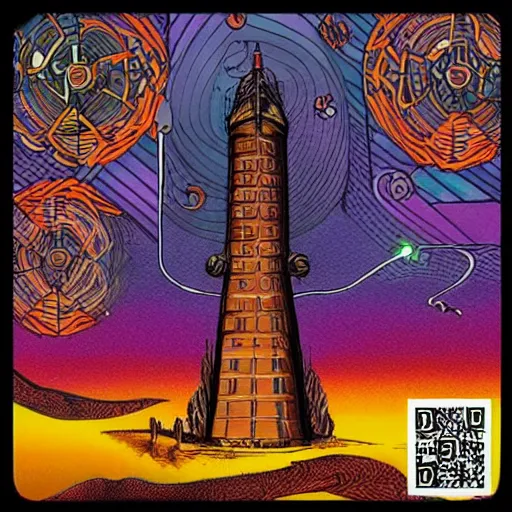 Prompt: ook cover with a drawing of a tower, an album cover by james morrison, instagram contest winner, afrofuturism, biomorphic, trance compilation cd, artwork