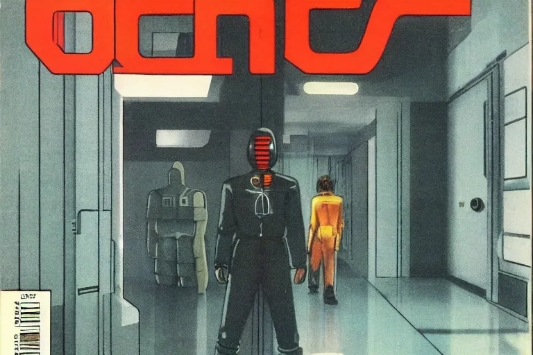 Image similar to 1979 OMNI Magazine Cover depicting a creepy cyber man standing in a large corner office. Cyberpunk Akira style by Vincent Di Fate