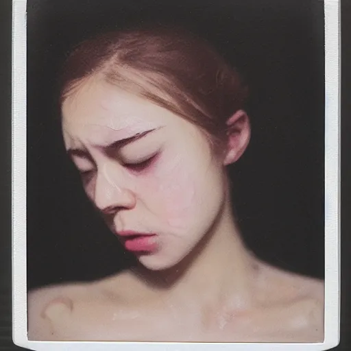 Image similar to a porcelain portrait of a girl face melt down like an ice cream, realistic detailed photography polaroid