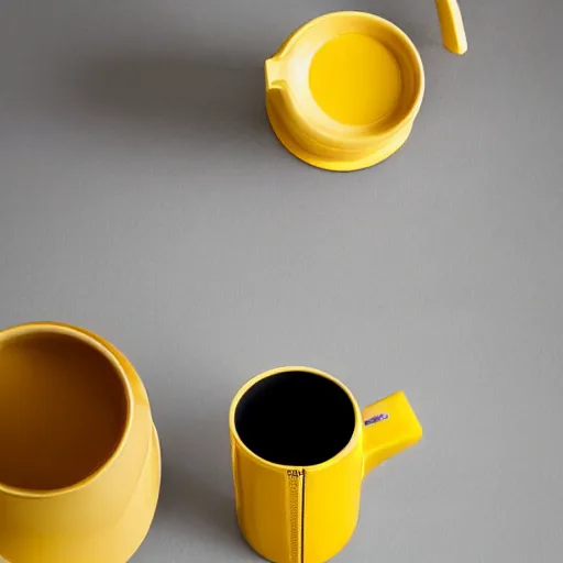 Prompt: yellow coffee mug that looks similar to a rimowa portmanteau with leather handle