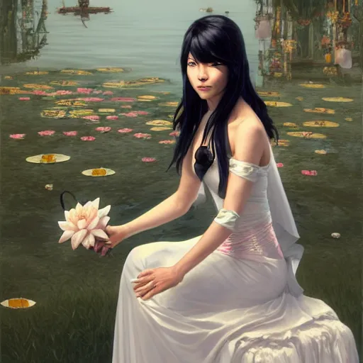 Prompt: cassandra cain in a wedding dress, sitting in a lake full of lotus flowers, cg animation, riot entertainment, arcane, realistic, character select portrait, by artgerm, greg rutkowski, alphonse mucha, 3 d