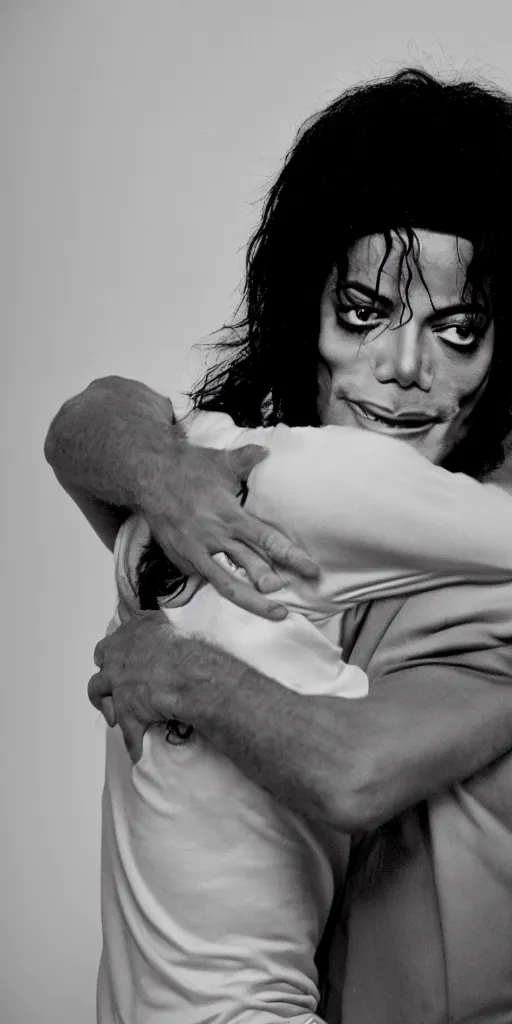 Image similar to michael jackson hugging an alien, in focus, blured background, boceh, high detail, sharp, film photography, direct flash, kodak portra 4 0 0,