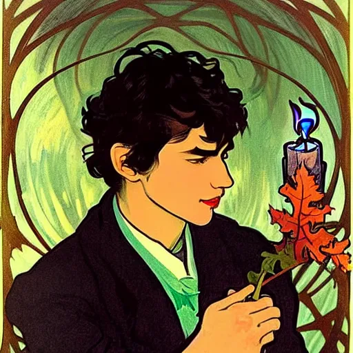 Image similar to painting of young cute handsome beautiful dark medium wavy hair man in his 2 0 s named shadow taehyung and cute handsome beautiful min - jun together at the halloween! party, bubbling cauldron!, candles!, smoke, autumn! colors, elegant, wearing suits!, delicate facial features, art by alphonse mucha, vincent van gogh, egon schiele