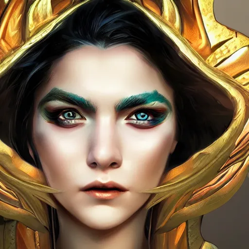 Image similar to A stunning comic book style portrait painting of a dragon goddess, d&d, fisheye lens, unreal 5, DAZ, hyperrealistic, octane render, cosplay, RPG portrait, dynamic lighting,