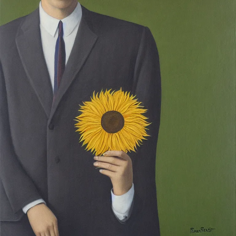 Image similar to portrait of a faceless sunflower - head man in a suit by rene magritte, detailed painting, distance, centered, hd, hq, high resolution, high detail, 4 k, 8 k