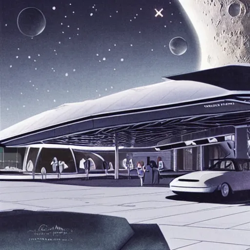 Prompt: mall on the moon, car parked, retrofuturism, futuristic style