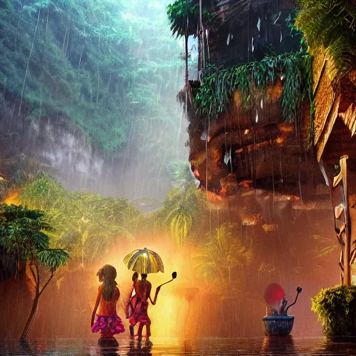 Image similar to aztec jungle village, ornate, beautiful, atmosphere, mist, vibe, smoke, beautiful, rain, reflection, pristine, puddles, waterfall, melting, dripping, wild look, mattepainting concept blizzard pixar maya engine splash comics global illumination lighting artstation, sharp focus, norman rockwell