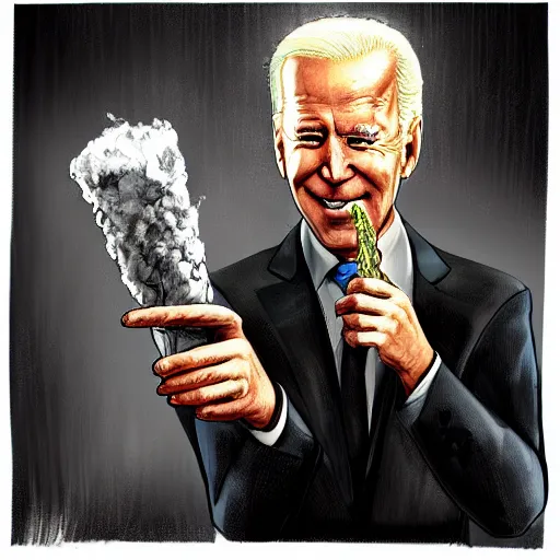 Image similar to joe biden holding a giant joint while sitting on a couch in a messed up apartment, stoned eyes, smoke, beautiful digital art, amazing detail, artstation, award winning, sharp