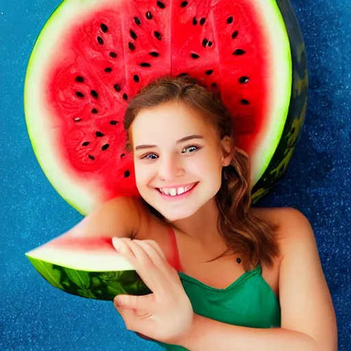 Image similar to Cute girl on the giant watermelon. She has cute face. She is smiling. Her eyes are big and blue. Watermelon is swimming in the blue ocean, digital art