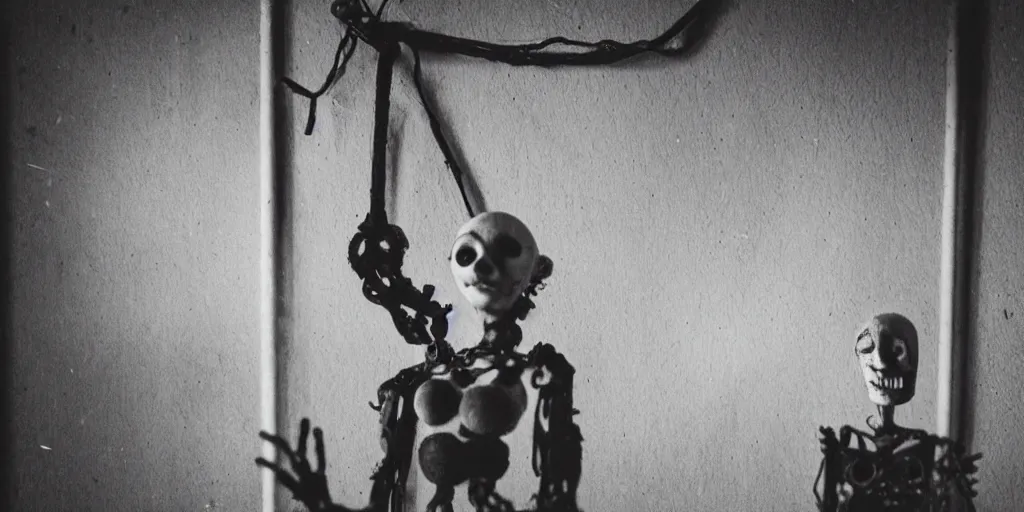 Prompt: female alive, eerie, creepy marionette puppet, horrific, one disassembled, unnerving, clockwork horror, pediophobia, lost photograph, dark, forgotten, final photo found before disaster, polaroid, vintage noir, no eyes, adult