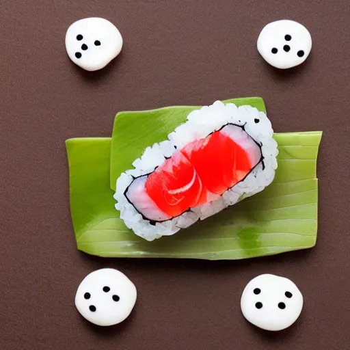 Prompt: a photograph of a tuna nigiri sushi piece with eyes and arms and legs standing in a Japanese forest