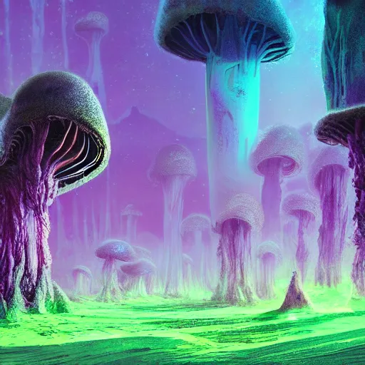 Image similar to A lovely picture of an alien landscape with mycelium aliens by John Berkey, forest made out of mushroom, purple and red and white gradient colour theme, trending on DeviantArt, rendered in blender, 8k resolution, Mountains, no green