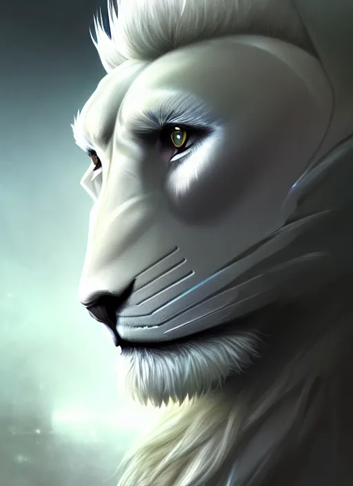 Prompt: an anthromorphic male white lion in a cybersuit, diffuse lighting, fantasy, highly detailed, photorealistic, digital painting, artstation, illustration, concept art, smooth, sharp focus, in the style of tom bagshaw