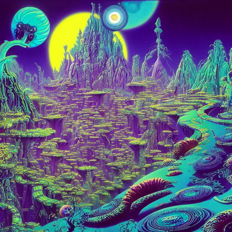 Image similar to mysterious eyeball hovers over mythical crystal temple, psychedelic waves, synthwave, bright neon colors, highly detailed, cinematic, eyvind earle, tim white, philippe druillet, roger dean, ernst haeckel, lisa frank, aubrey beardsley