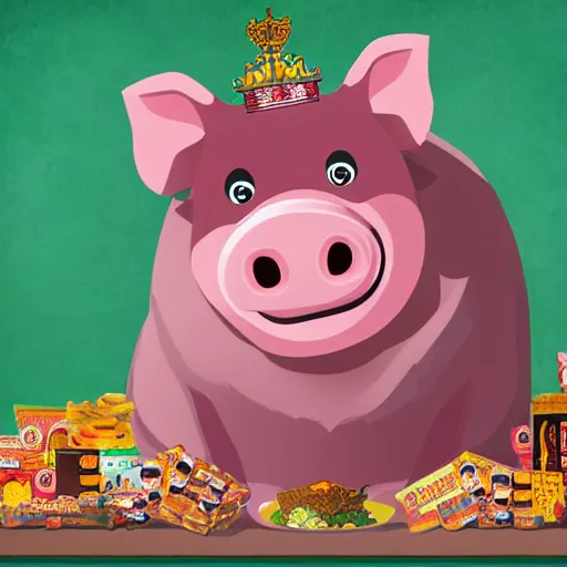 Prompt: photo realistic pig as a king sitting on a throne with a sceptor surrounded by bags of food snacks, realistic, award winning, cinematic