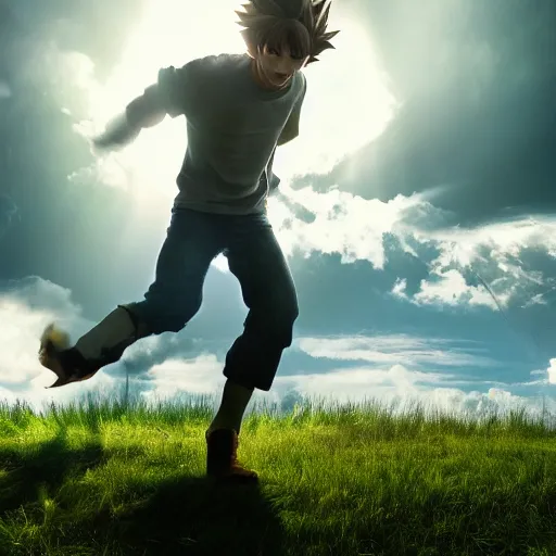 Image similar to dutch angle shot, one man, real, shaggy rogers, powering up like in dragon ball z, lightnings, real, realistic, cinematic,, god rays, lightnings