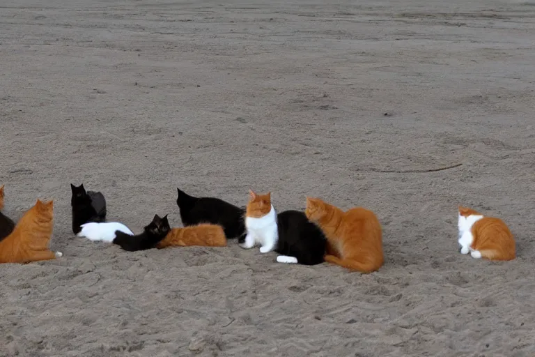 Prompt: A cat's bussiness meeting on the beach