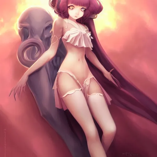 Image similar to cthulhu humanisation as a cute anime girl, by rossdraws, wlop, boris vallejo, gil elvgren, enoch bolles, sleek curves, pixiv award winning, epic light