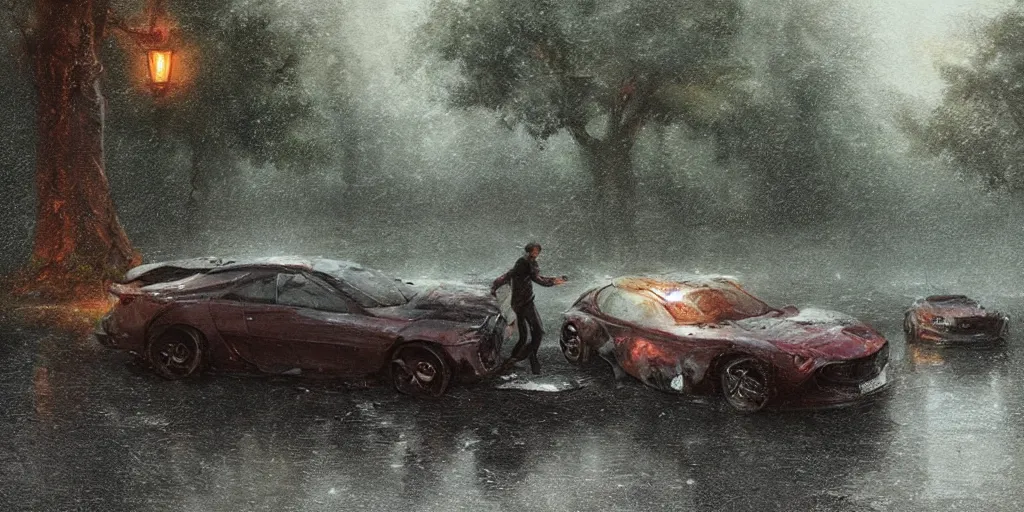 Image similar to company employee becoming beast in a park on a rainy day and smashing cars, cinematic composition, a fantasy digital painting by greg rutkowski and james gurney, trending on artstation, highly detailed, hyperrealistic, realistic, photorealistic, dynamic lighting, highly detailed, cinematic landscape, studio landscape, studio lighting