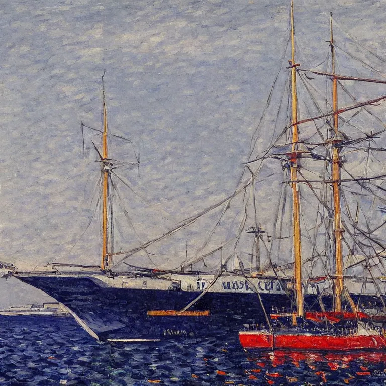 Prompt: a master gouache painting of a big ship docked at the harbor, sharp focus, very detaied, by gustave caillebottet