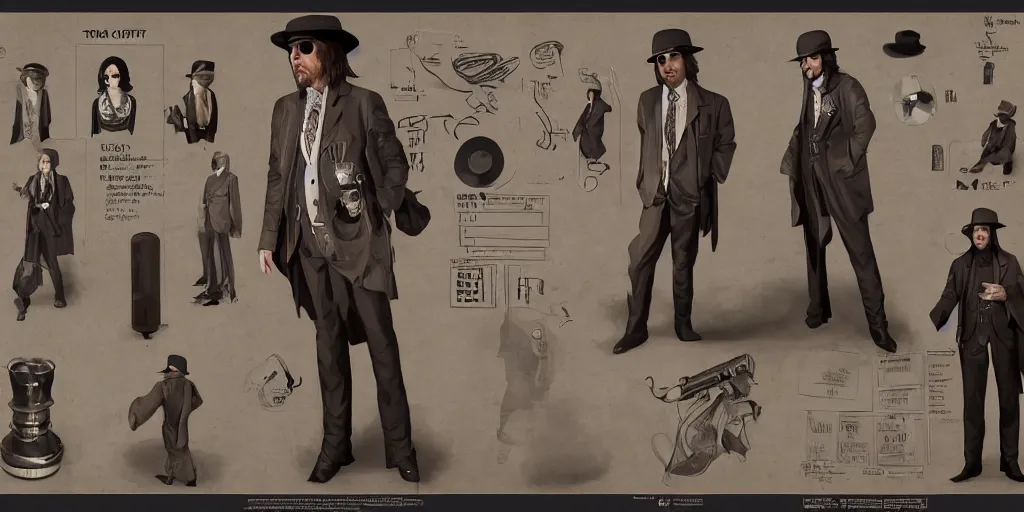 Image similar to tom petty as a 2 0 s roving gambler, character sheet, concept design, contrast, hot toys, kim jung gi, greg rutkowski, zabrocki, karlkka, jayison devadas, trending on artstation, 8 k, ultra wide angle, pincushion lens effect