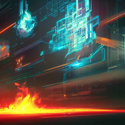 Image similar to raging flames in cyberspace, detailed digital illustration by greg rutkowski, android netrunner