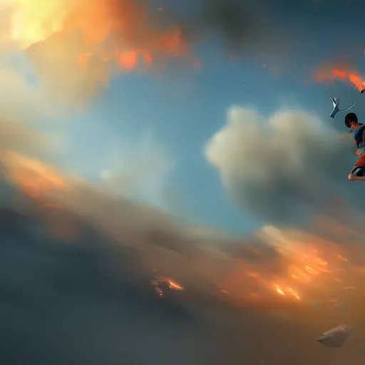 Image similar to running and falling on burning clouds, 4k, post-processing, detailed, artstation