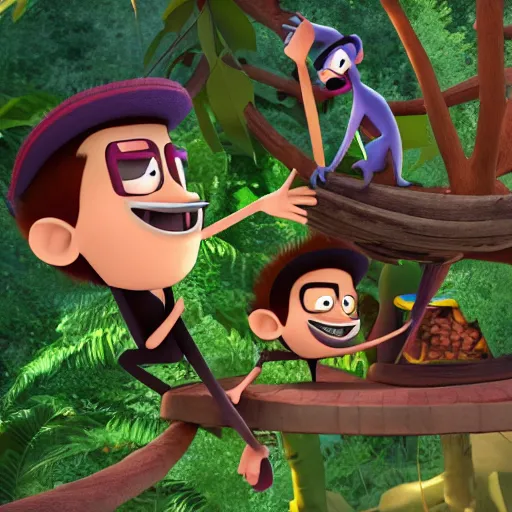 Prompt: Fanboy & Chum Chum cartoon 3D scene hanging out with a monkey, in a tree house, Accurate characters 4k highly detailed