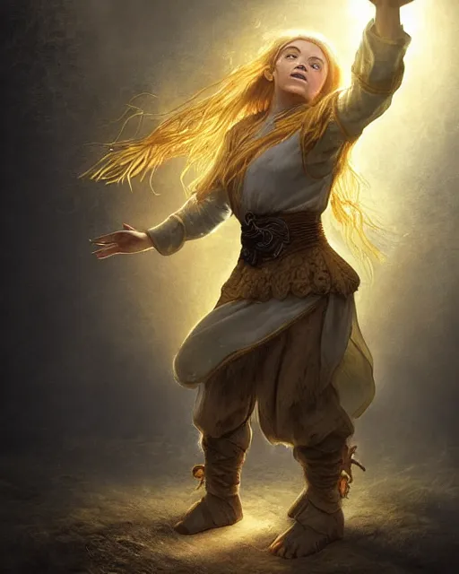 Image similar to full body portrait of a female halfling hobbit monk fistfighter, hallucinating a holy vision of her goddess of mist and light, flowing robes and leather armor, detailed dynamic light painting by albrecht anker