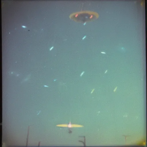 Image similar to a ring of lights flying through the sky, ufo!!, blurry photo, old polaroid, expired film, historical photo,