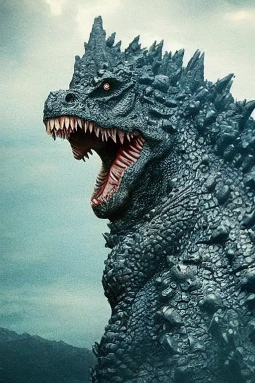 Image similar to Godzilla, kaiju, sea creature, crocodile, sharp teeth, scary look, angry