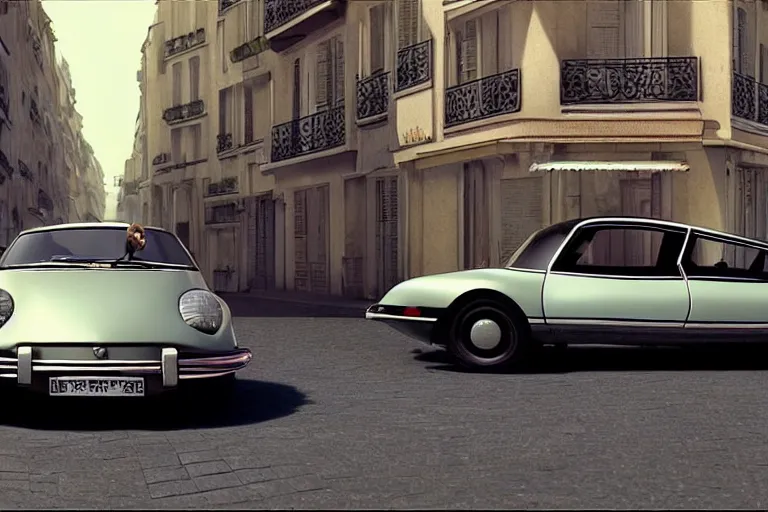 Image similar to a wholesome beautiful animation key shot of!! one!! focused!! 1 9 7 4 citroen ds!! in a paris street, medium wide shot, studio ghibli, ( pixar ) and disney animation, sharp, very detailed, high resolution, rendered in unreal engine 5, anime key art by greg rutkowski, bloom, dramatic lighting